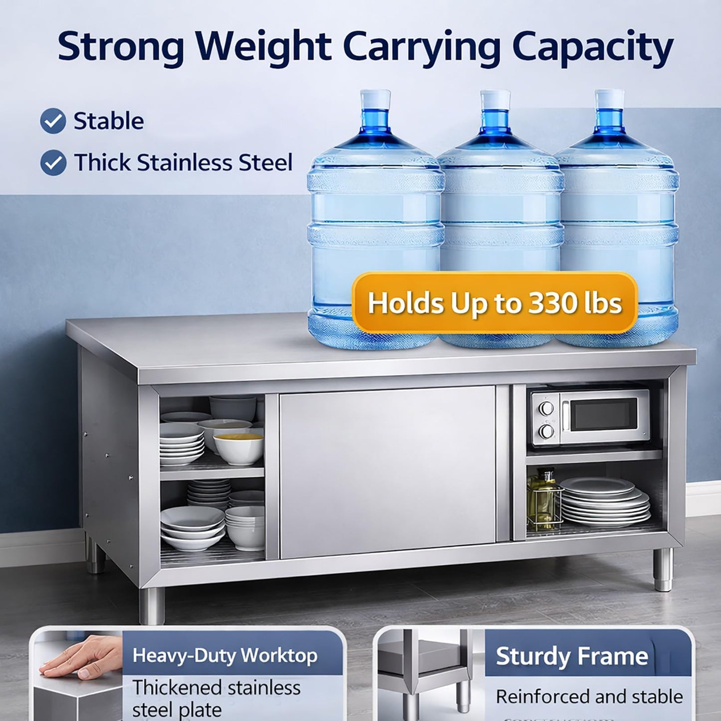 Stainless Steel Commercial Worktable, Heavy Duty Workbench w/Cabinet, Kitchen Prep Table w/Sliding Doors, Kitchen Prep Station for Restaurant, Food Service(100x60x80cm/39.3x23.6x31.4in)