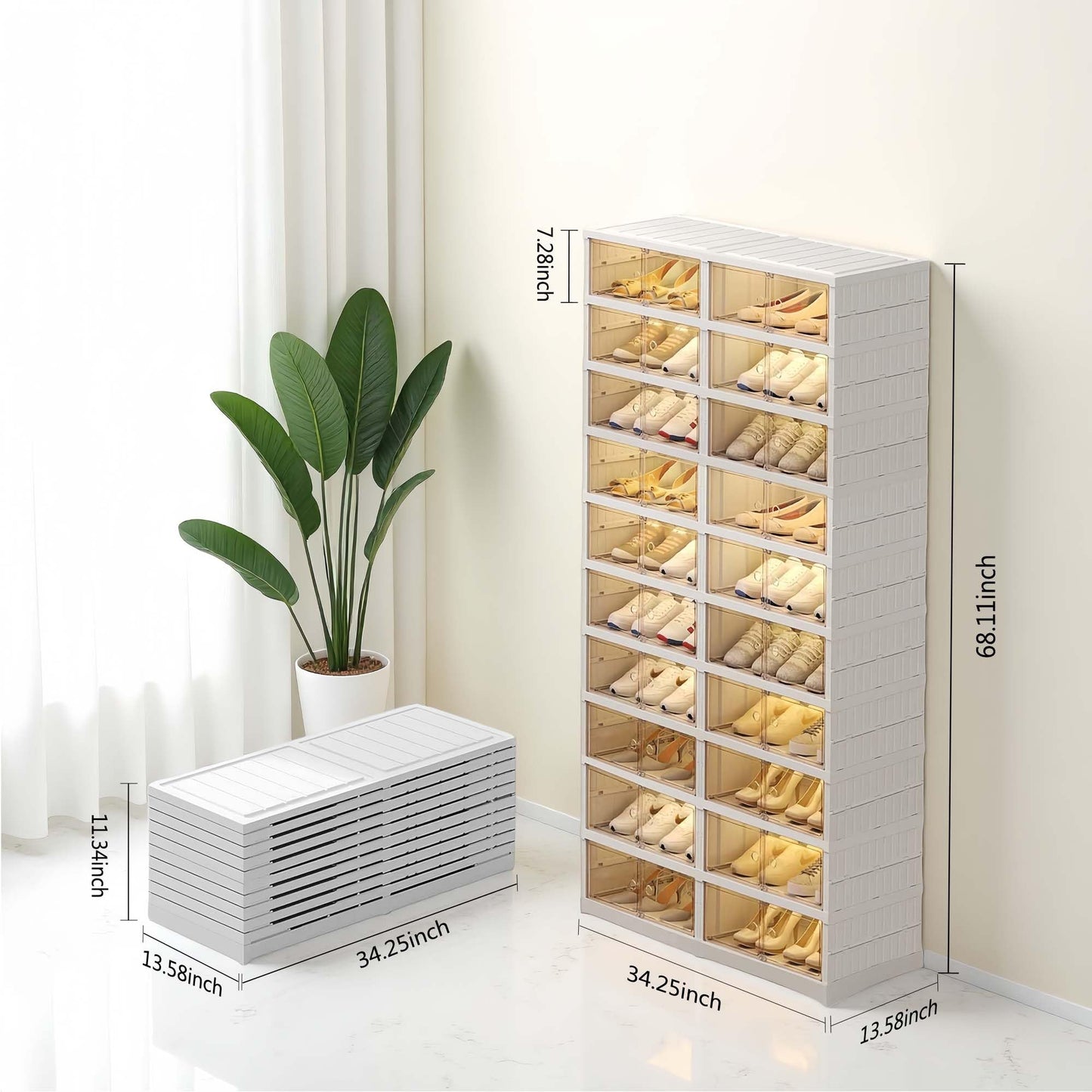 ZENTOBAX 10-Tiers Shoe Rack Organizer with Doors, Foldable Storage Cabinet Holds 40 Pairs, Stackable Plastic Shelf for Closet, Entryway, Living Room, Collapsible Easy Assembly Large