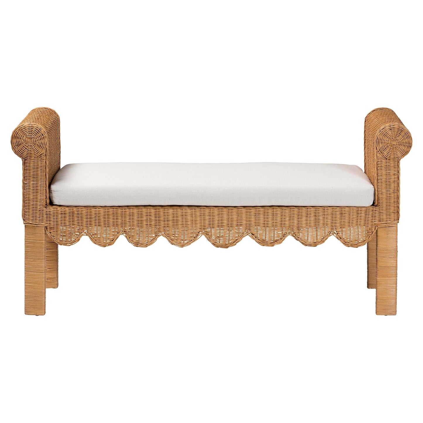 Bali & pari Reiko Handwoven Natural Rattan Bench with Scalloped Detailing – Boho Farmhouse Entryway, Bedroom, or Living Room Accent Seating