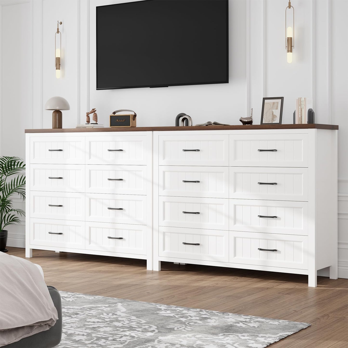 Jocoevol Farmhouse Dresser 8 Drawer Dresser for Bedroom, Large Wooden Dressers Double Grey Dresser with Deep Drawers Dressers for Hallway, Entryway (White and Brown)