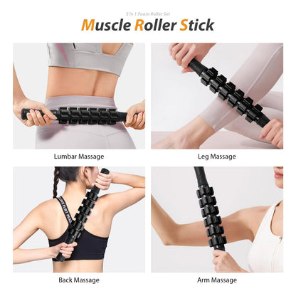 5 in1 Foam Roller Set, Trigger Point Foam Roller, Massage Roller Stick, Massage Ball, Resistance Band for Deep Muscle Massage Pilates Yoga,Fitness Exercise for Whole Body (Black-Red)