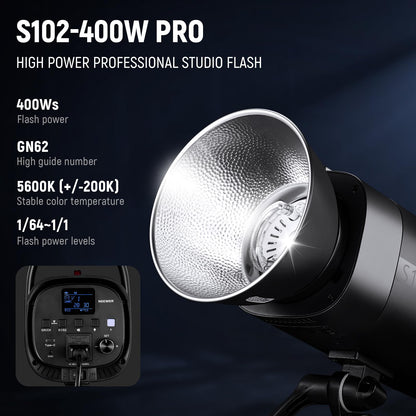NEEWER Photo Studio Backdrop Support System + S102-400W PRO Flash Lighting Kit (2 Pack) with Light Stands, Bowens Mount Softboxes, 5 in 1 Reflector, Bag, Background Stand with Max Load 8.8lb/4kg