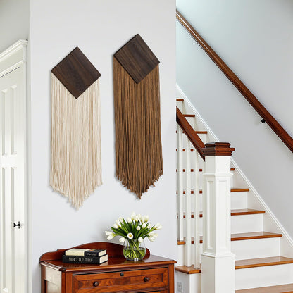 KHOYIME Macrame Wall Hanging Boho Chic Home Decor, 2PCS Bohemian Brown Beige Vertical Tassel Yarn Tapestry Modern Farmhouse Wall Art Decorations for Living Room Bedroom Nursery Office 11''W x 36''L