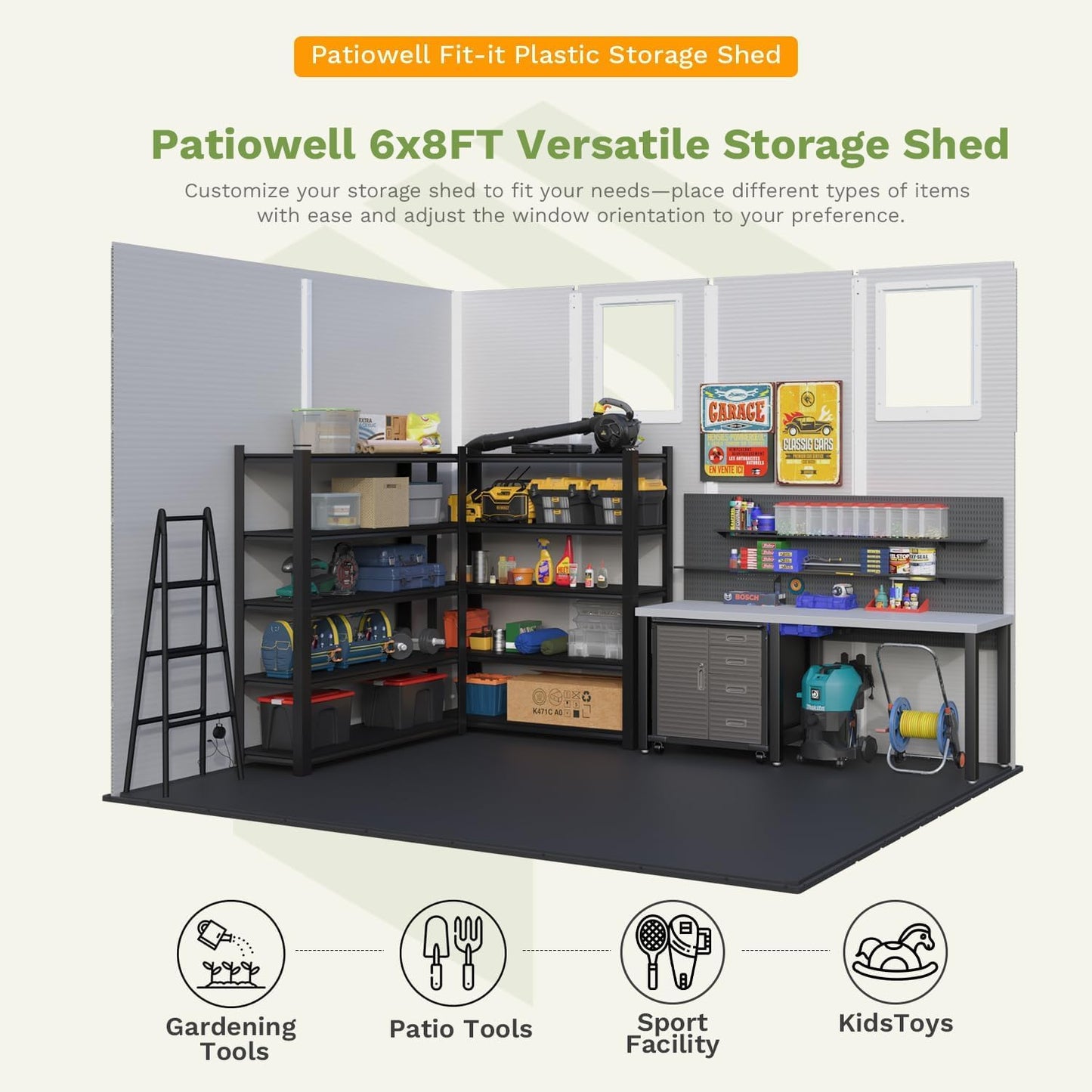 Patiowell 6X8 FT Resin Outdoor Storage Shed with Floor, Plastic Tool Sheds with Lockable Door and Window, Weather-Resistant Garden Shed, Easy Assembly for Backyard, Patio, Light Grey