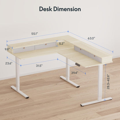 FLEXISPOT 63" L Shaped Standing Desk with Shelf Electric Corner Table, Drawers, Adjustable Computer Workstation for Home, Office, 63x55in, Light Maple Top + White Frame