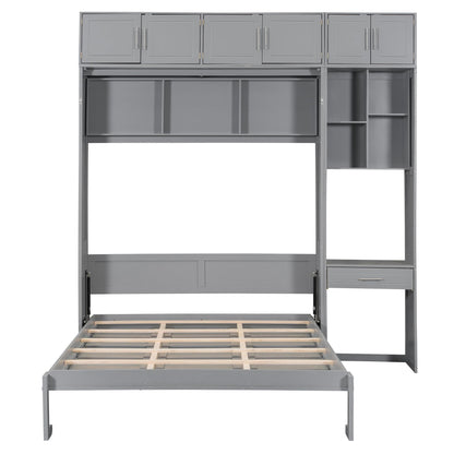 Merax Queen Size Wall Murphy Bed with Desk, Top Cabinet and Storage Shelves, Space Saving Foldable Bed, Wooden Bed Frame