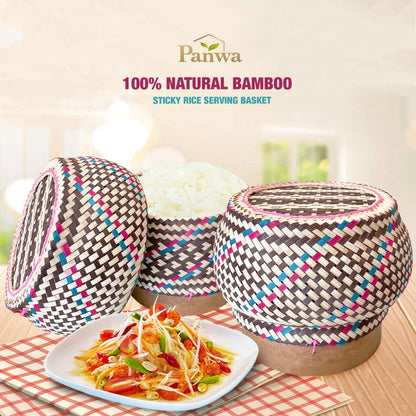 Bamboo Sticky Rice Serving Basket Thai Kratip Container 100% Handmade Traditional Village Handicrafts with Vegetable Plant Based Dye Coloring Shades Food Safe
