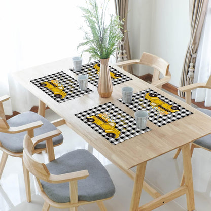 Sweet Honey Bee Placemats Set of 6, Washable Heat-Proof Table Mats for Kitchen Dinner Banquet, Summer Bee Yellow Truck
