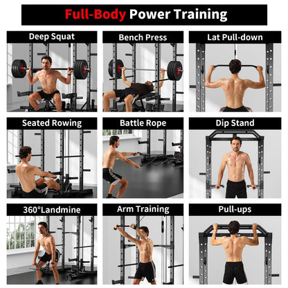 JEEKEE Power Rack with LAT Pulldown, 2000LBS Power Cage with Cable System, Multi-Function Squat Rack with J-Hooks, Safety Bars, Landmine, Pull Up Bar & Attachments for Home Gym Strength Training,Black
