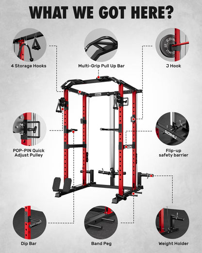GOIMU RH01 Power Cage Rack, 2000LBS Squat Rack with with Cable Crossover System&LAT Pull Down System, Multi-Function Workout Cage for Home&Garage Gym (Red-SE, RH01 Power Cage with 290LB C Weights)