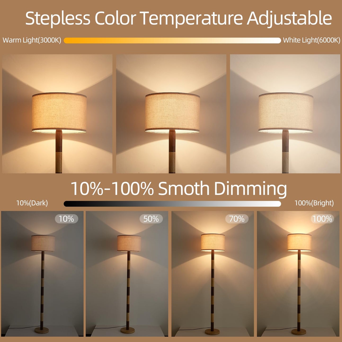 CozyCanyon 65" Wood Pattern Floor Lamp for Living Room, Dimmable Standing Lamp with Remote and Foot Switch, Rustic Tall Floor Lamp Linen Shade for Bedroom, Corner, Living Room, Home Decor.