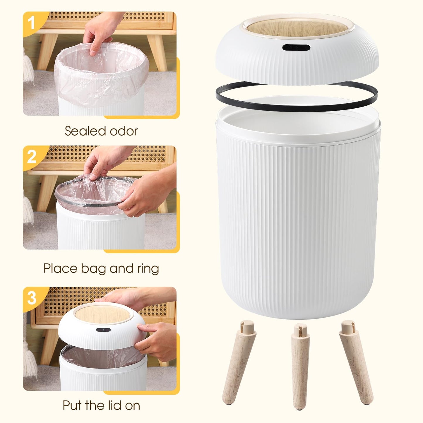 onlcuk Automatic Motion Sensor Bathroom Trash Can with Lid, 3 Gallon / 11L Touchless Trash Garbage Bin with Removable Legs for Kitchen, Bedroom, Office, Small Trash Cans Trashcan Wastebasket-White