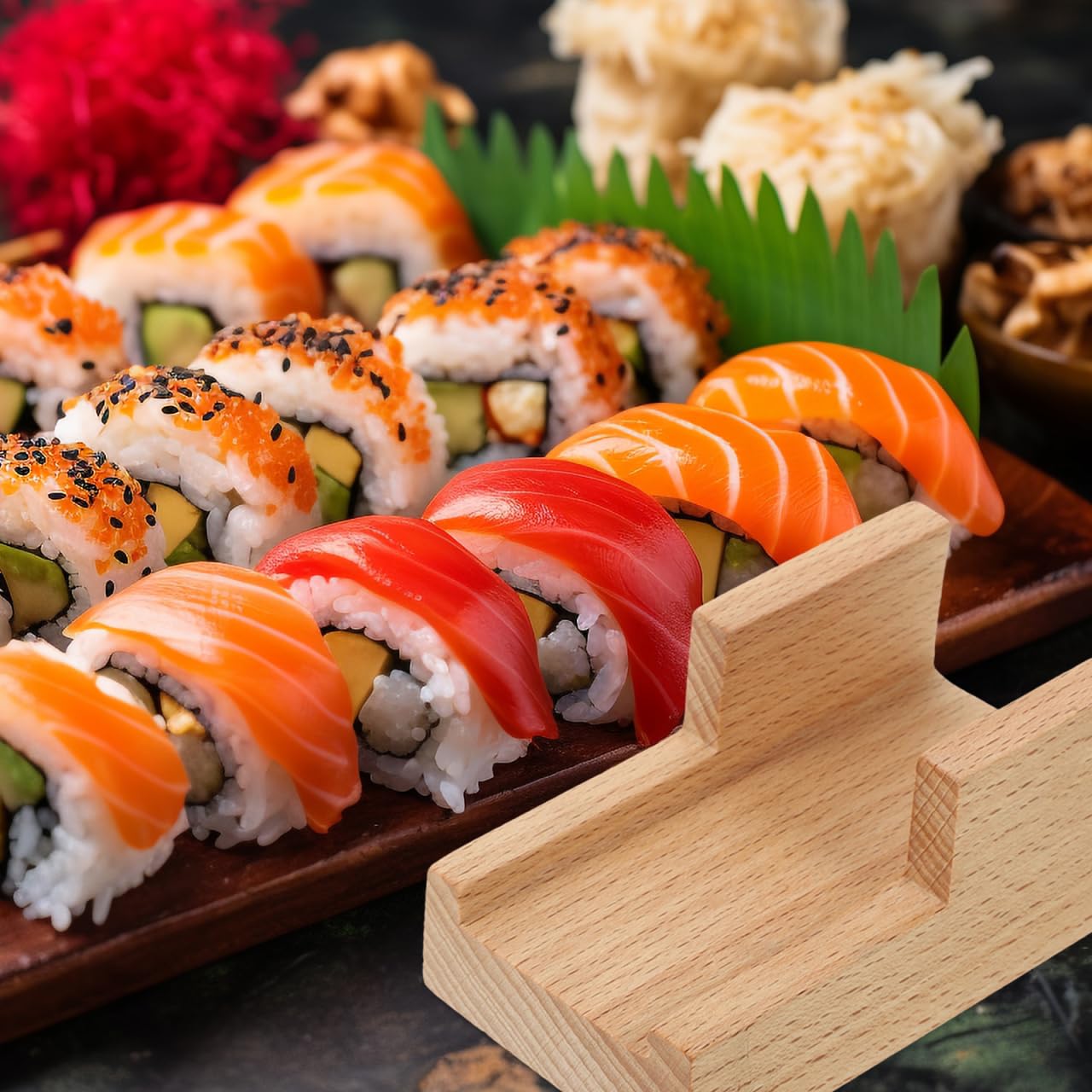 Small Wooden Sushi Hand Roll Holder, U-Shaped Mini Taco Stand for Countertop, Traditional Japanese Temaki Display Rack, Compact Wood Serving Plate for Home Restaurant Party