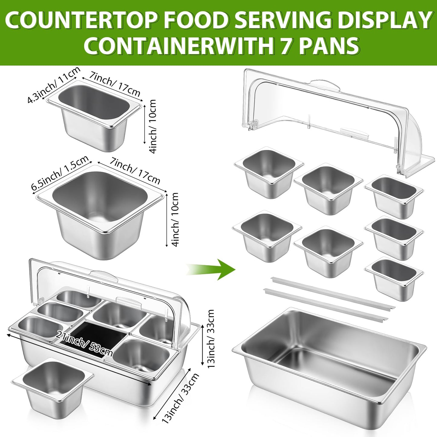 Ziliny Countertop Food Serving Display Container and Clear Roll Top Cover Stainless Steel Food Serving Tray Buffet Condiment Dispenser Display Rack for Restaurant Hotel Kitchen Party (7 Pan)