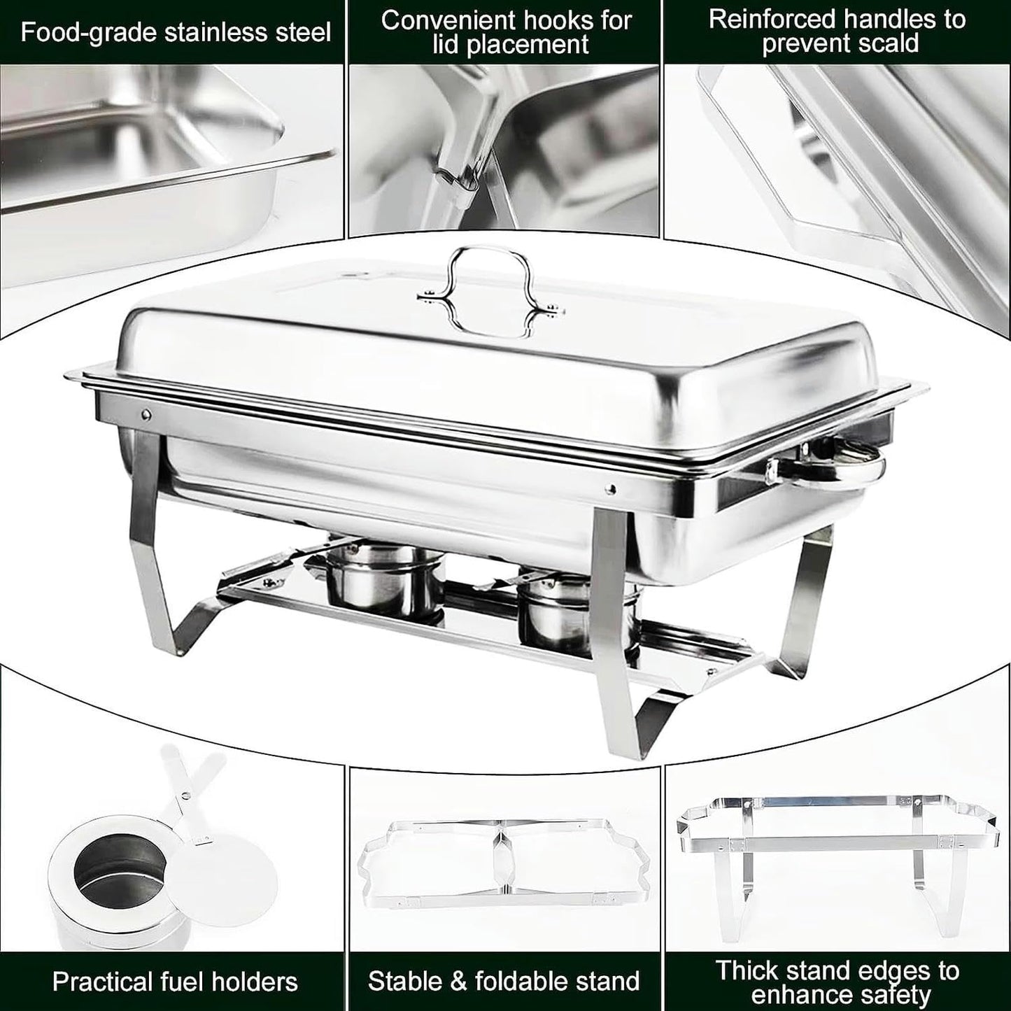 FENOKD Chafing Dish Buffet Set 2 Pack Stainless Steel Chafer for Catering, Full Size Rectangular Catering Chafer Warmer Set with Trays Pan Lid Folding Frame Stand.
