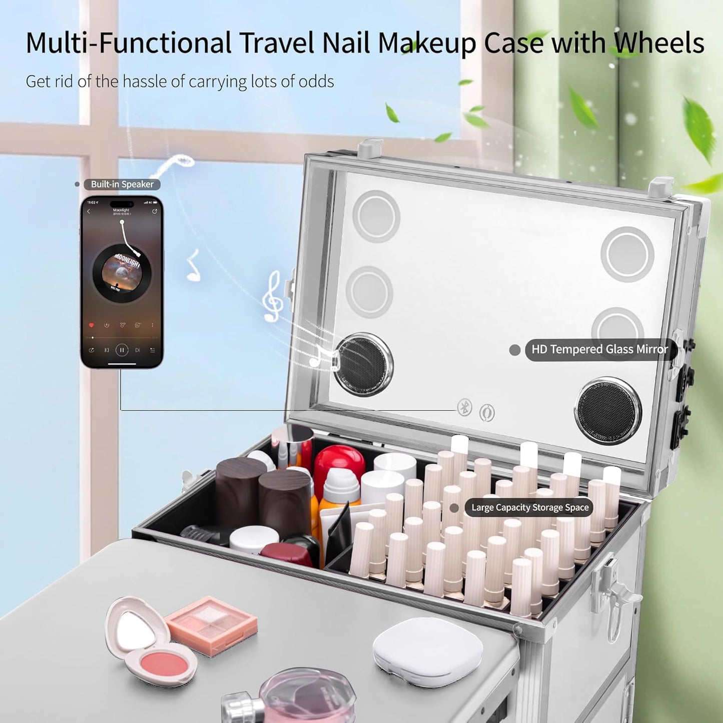 SJD LACE Rolling Manicure Table with 3 Drawers, Portable Nail Desk for Nail Tech, Foldable Nail Table Lockable Makeup Case with Mirror, Nail Polish Organizer, Mobile Nail Tech Workstation with Wheels