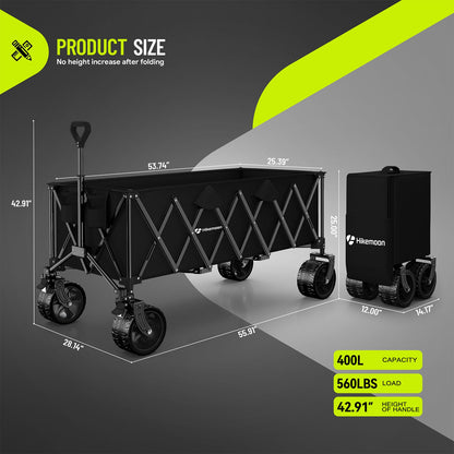 Hikemoon 400L Large Wagons Carts Foldable, 54" Extra Long Collapsible Beach Wagon with Big All-Terrain Wheels, 560LBS Heavy Duty Utility Folding Cart for Camping, Grocery, Sports, Garden, Black