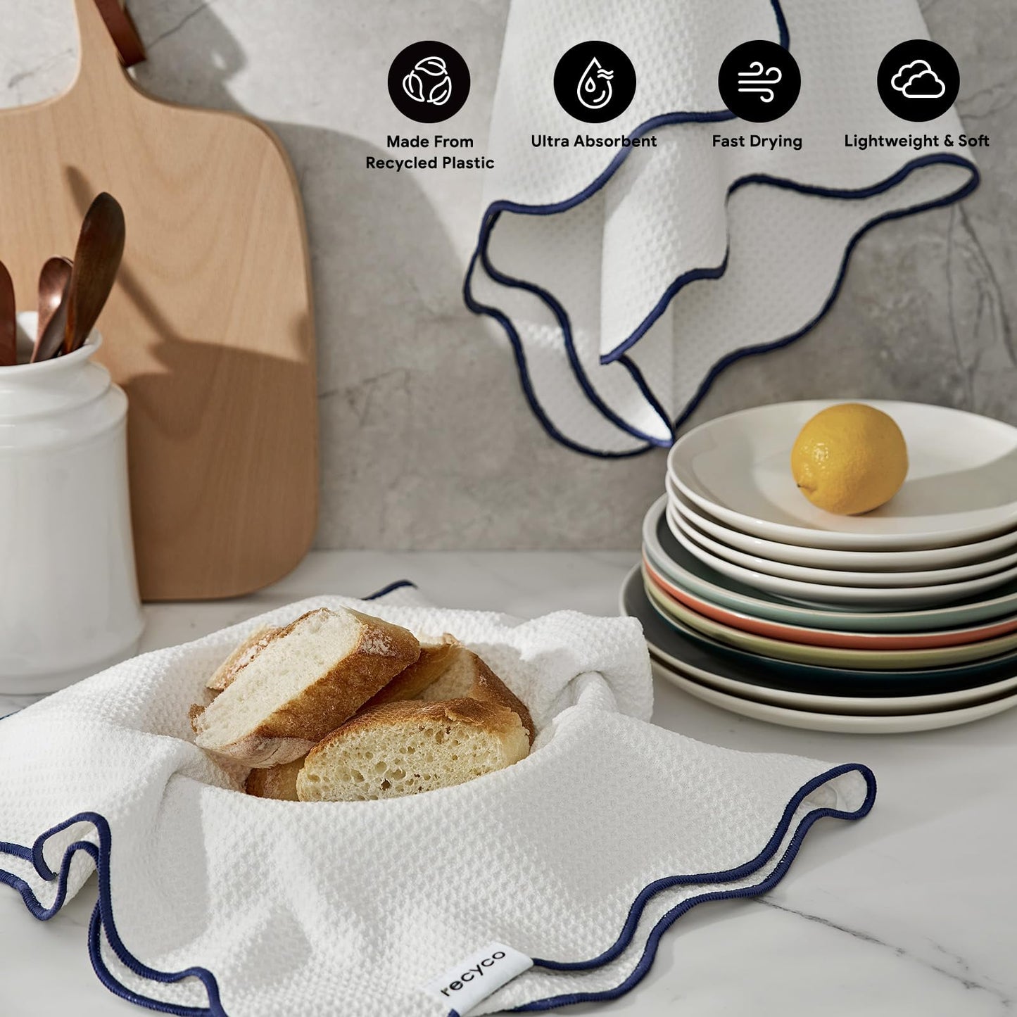 RECYCO Waffle Kitchen Towel Set of 2 - Quick Dry Microfiber Sustainable Dish Towels - Ultra Absorbent Reusable Cleaning Tea Towels - Lightweight Hand Towels,16”x 28”, Navy Blue