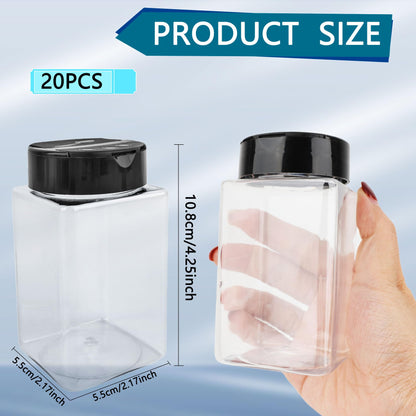 Conagel 20 Pack 9 oz Plastic Spice Jars with Black Cap Clear Empty Square Plastic Spice Bottle Large Empty Seasoning Containers for Storing Spice Seasoning Powders