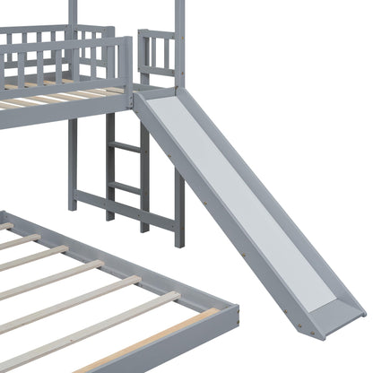 Bellemave Twin Over Full Bunk Bed with Slide and Built-in Ladder, House Shaped Solid Wood Bunk Beds with Full-Length Guardrail for Kids,Teens, Adults, No Box Spring Required, Gray