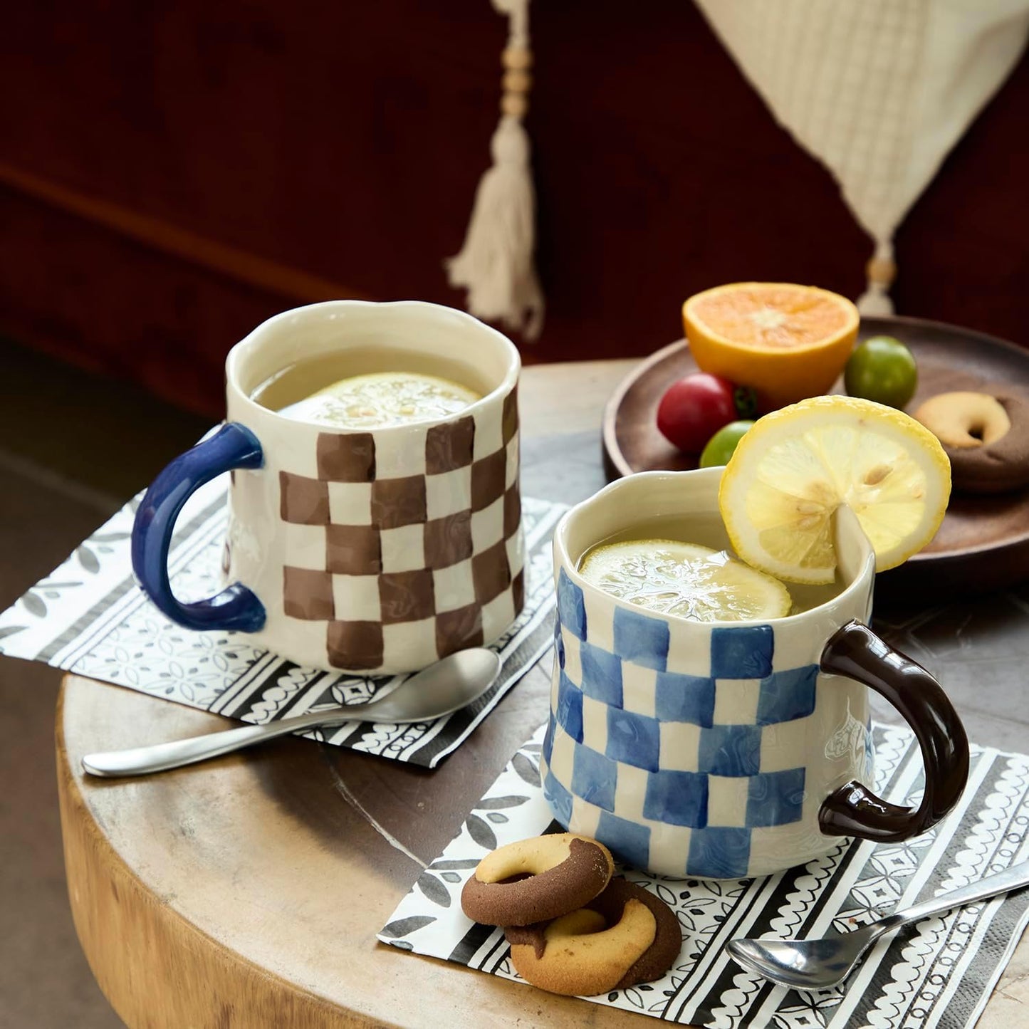 16Oz Home-4pack Retro Checkered Ceramic Coffee Mug - Extra Large Handle, Microwave Safe Vintage Patterned Tea Cup