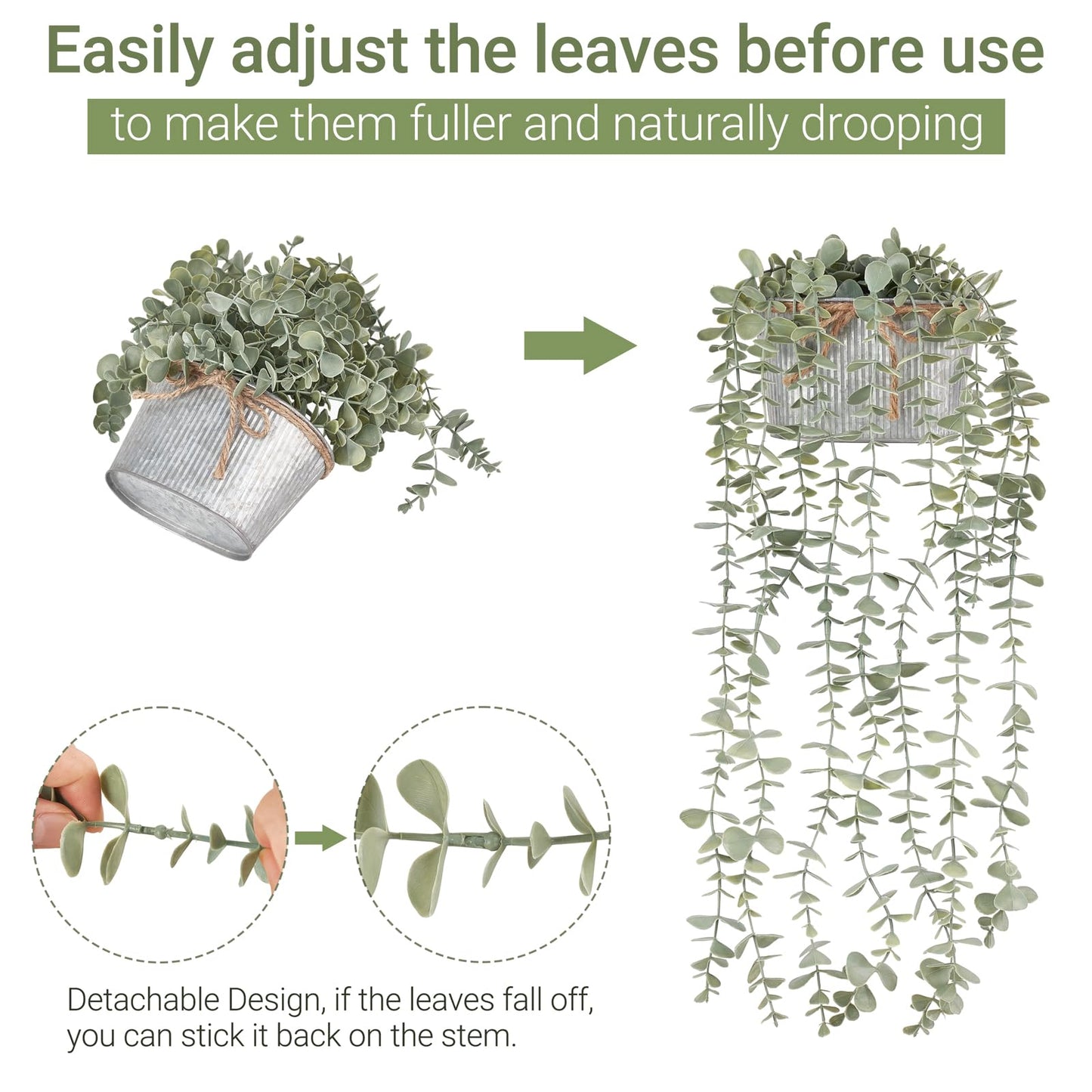 Mkono Fake Hanging Plants in Farmhouse Galvanized Pots Rustic Faux Potted Eucalyptus Greenery Indoor Artificial Plants for Book Shelf Mantel Living Room Bathroom Bedroom Home Office Decor (1, Grey)
