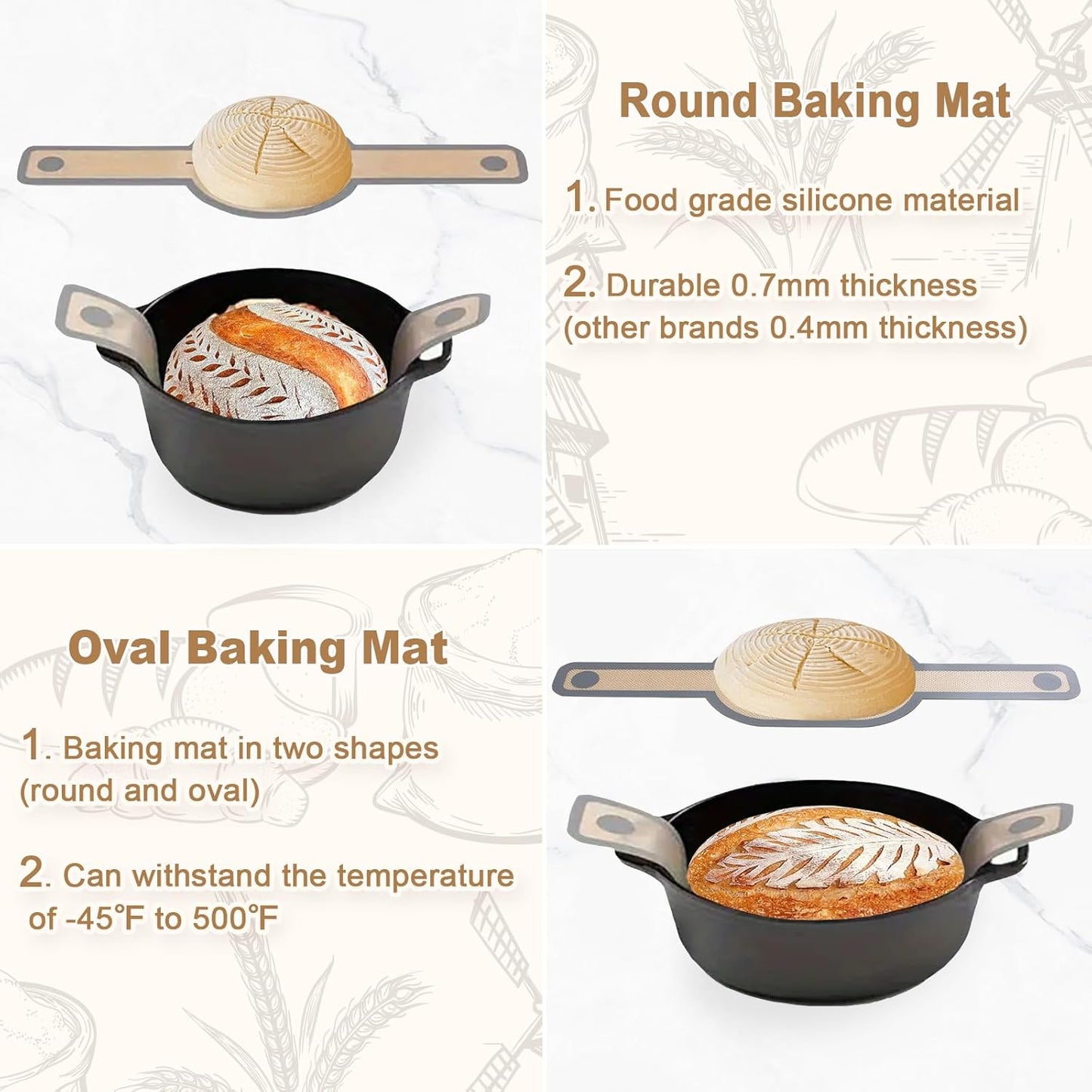 Bread Making Tools Set of 7, Includes Round Baking Mat, Oval Baking Mat, Sourdough Whisk, Bread Lame, Perfect Gift for