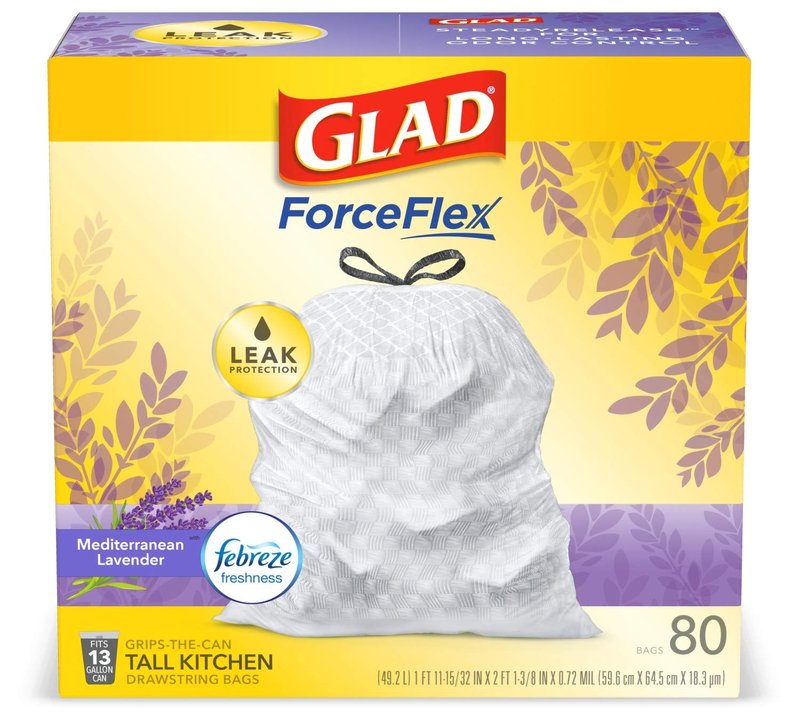 Glad ForceFlex Tall Kitchen Trash Bags, 13 Gallon, Gain Lavender, 80 Count (Package May Vary)