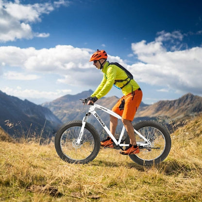 Outroad Mountain Bike Fat Tire with 4-Inch Tire 26 inch Wheels, 21 Speed with High Carbon Steel Frame, Double Disc Brake and Front Suspension Anti-Slip Bikes for Men and Women, White