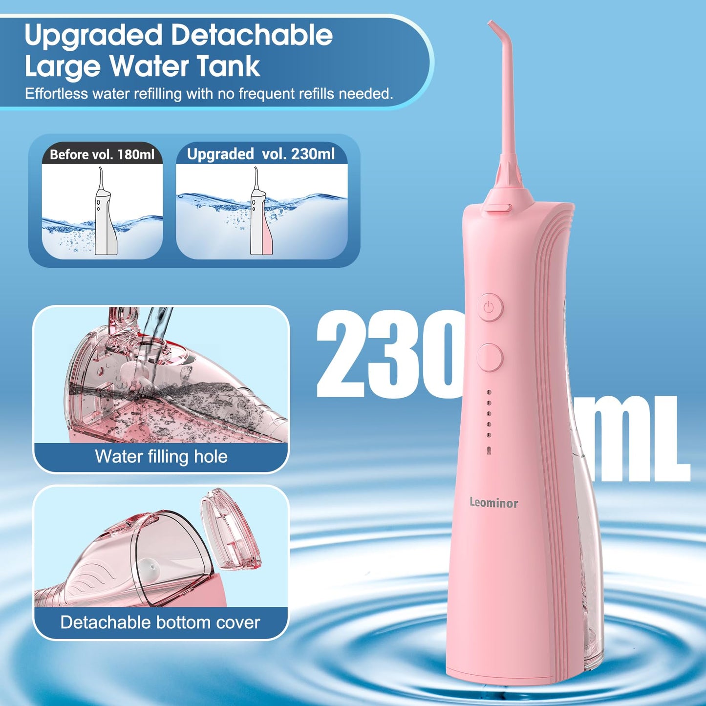 Leominor Water Dental Flosser - 5 Modes Cordless Portable Oral Irrigator, IPX7 Waterproof, Rechargeable Teeth Cleaner Upgrade Datchable Tank Professional Flossing Cleaning Pick for Home Travel (Black)