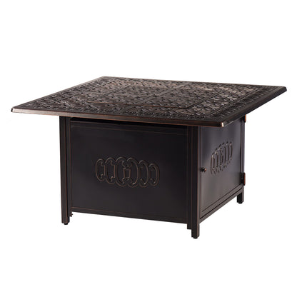 Oakland Living Aluminum 57,0000 BTU 42 in. Square Propane Black Fire Pit Table with Fire Beads, Lid, Propane Tank Cover and Table Fabric Covers in Copper Finish