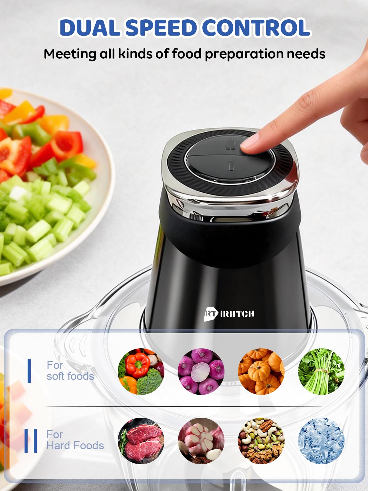 iRIITCH Food Processors, Electric Food Chopper with Meat Grinder & Vegetable Chopper - 2 Bowls (10 Cup+5 Cup) with Powerful 500W Copper Motor - Includes 2 Sets of Bi-Level Blades for Fruits/Meat/Nuts