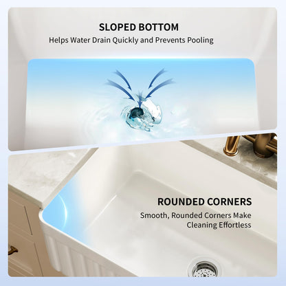 DeerValley White Farmhouse Sink 33 inch, Fireclay Apron Front Farm Kitchen Sink, Single Bowl Deep Drop-in Undermount Reversible Sinks with Grid & Strainer