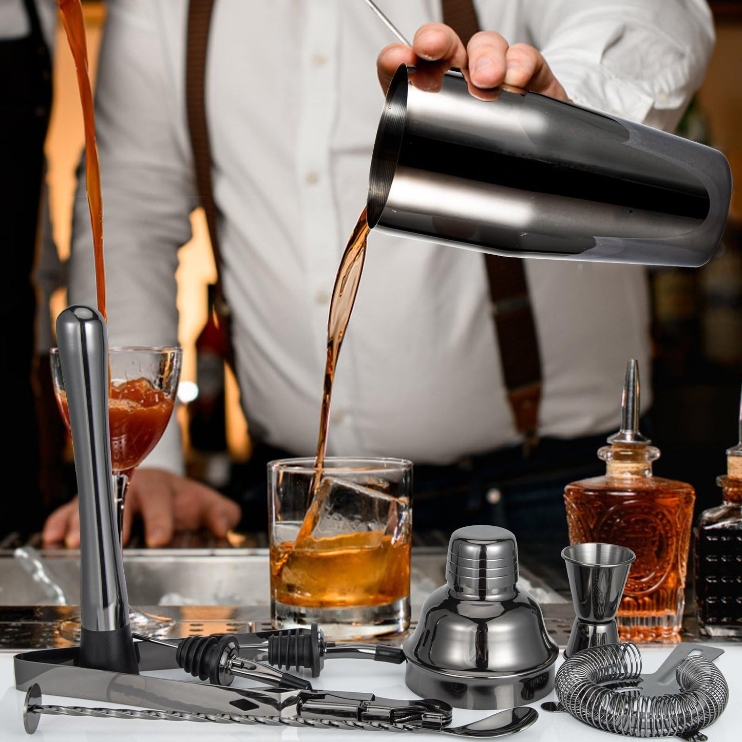 Black Cocktail Shaker Set, Premium 18/8 Stainless Steel Mixology Bartender Kit with Stylish Bamboo Stand 10-Piece Bar Tools & Accessories for Home Bar for Men, Dad, Husband
