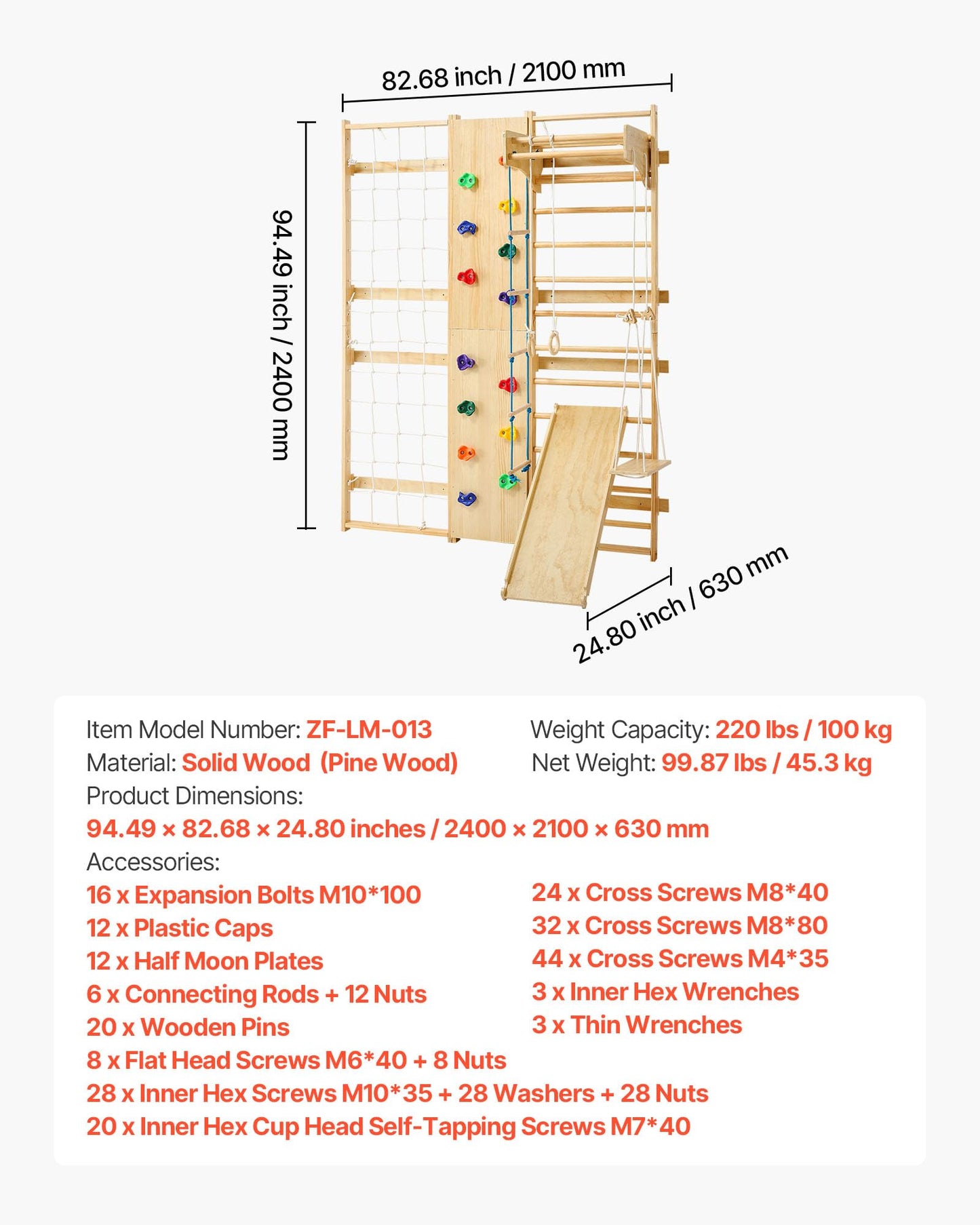 VEVOR Swedish Ladder Wall Gym, 9-in-1 12-Level Solid Wood Gymnastic Stall Bars for Kids Adults, 220LBS Indoor Jungle Gym with Rock Climbing Wall, Gym Rings, Pull-Up Bar, Climbing Board, Slide, Swing