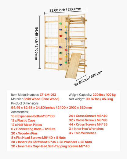 VEVOR Swedish Ladder Wall Gym, 9-in-1 12-Level Solid Wood Gymnastic Stall Bars for Kids Adults, 220LBS Indoor Jungle Gym with Rock Climbing Wall, Gym Rings, Pull-Up Bar, Climbing Board, Slide, Swing