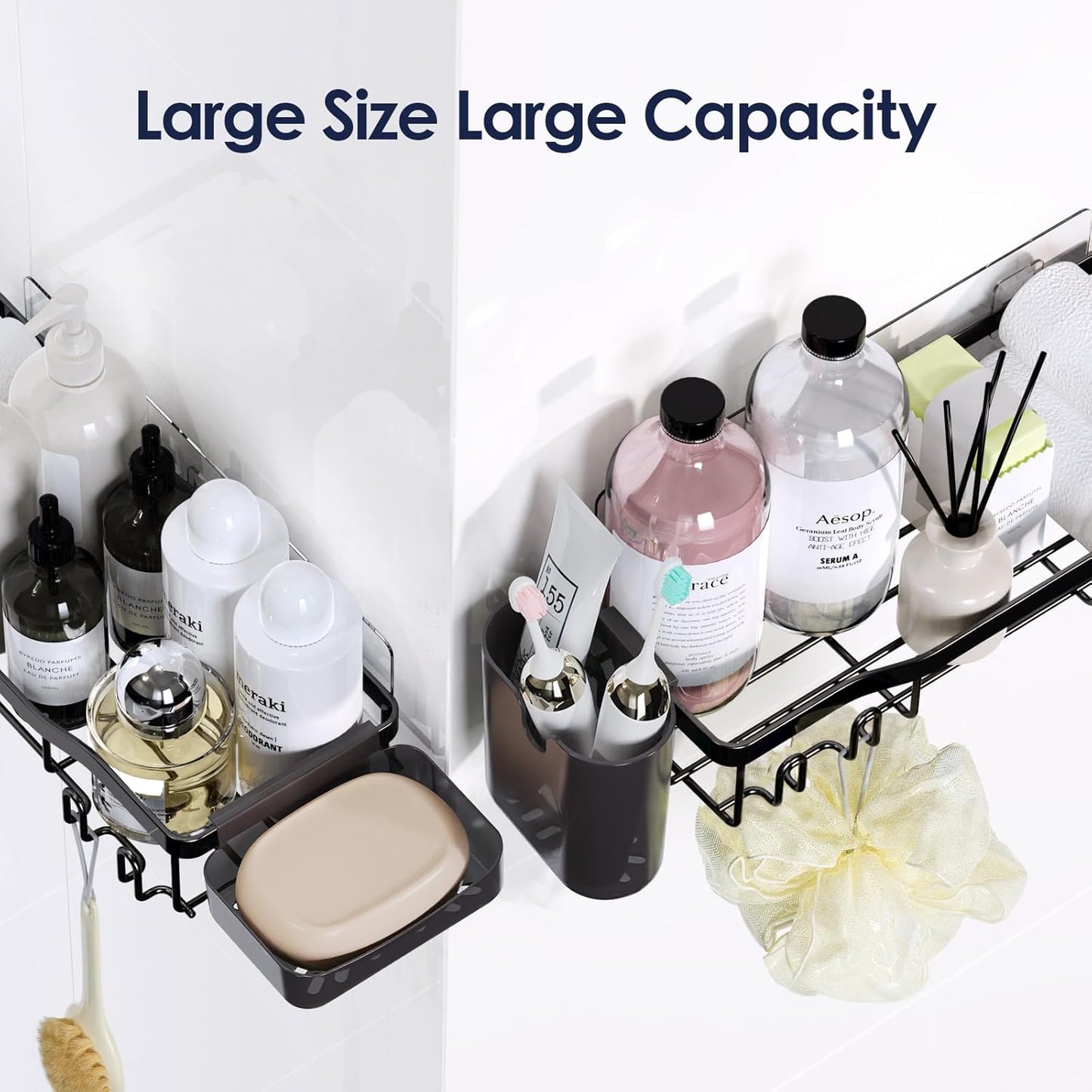 Shower Caddy Adhesive Shower Organizer 7-Pack, Rustproof Stainless Steel Bathroom Shelves, Large Capacity No-Drill Rack Storage Accessories with Soap Dish Toothbrush Holder &24 Hooks Home Decor