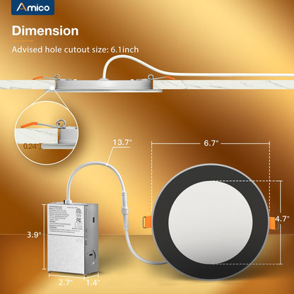 Amico 12 Pack 6 Inch 5CCT LED Recessed Ceiling Light with Night Light, 2700K/3000K/3500K/4000K/5000K Selectable Ultra-Thin Lighting, 12W=110W, 1100LM, Dimmable Canless Wafer Downlight ETL&FCC