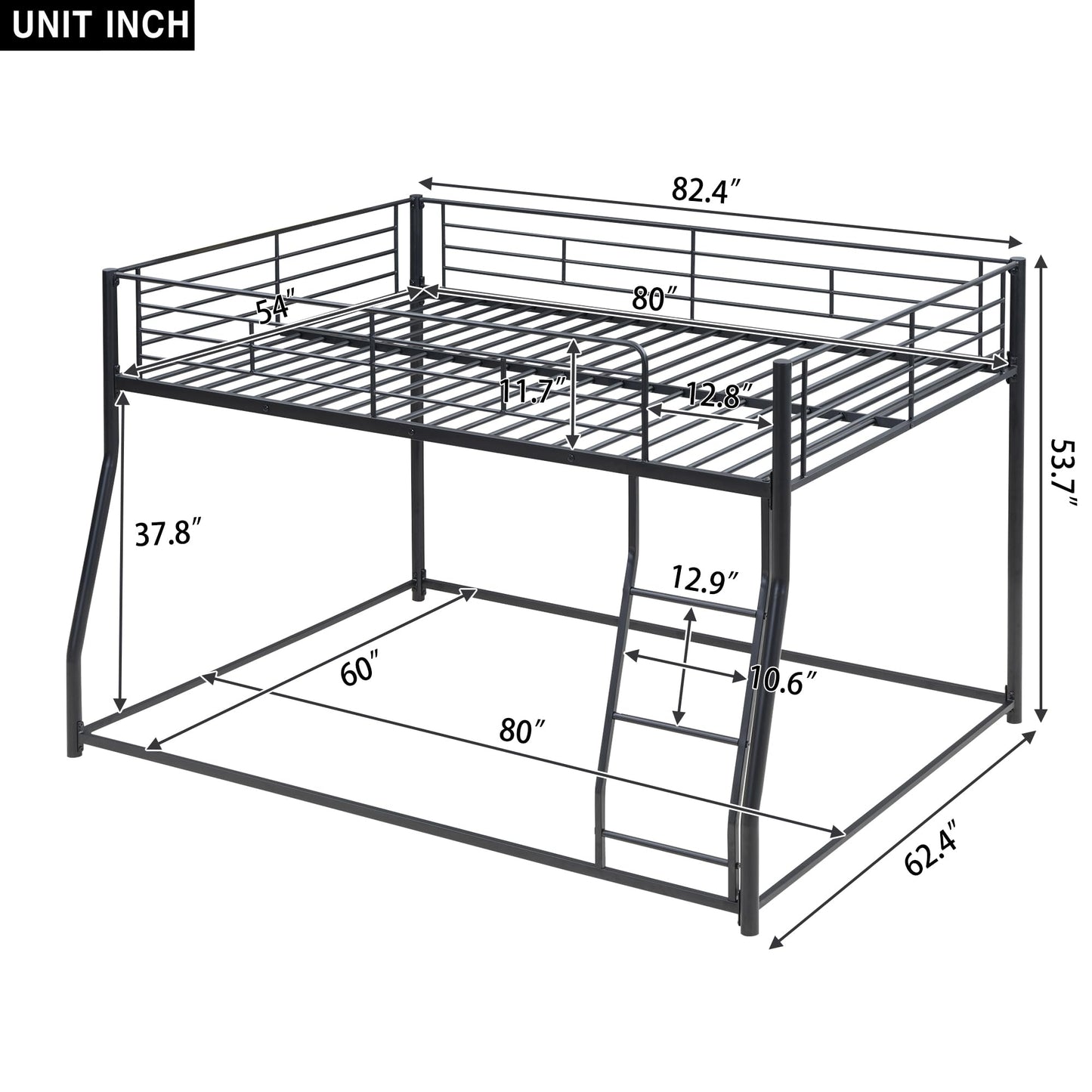 Bellemave Metal Full XL Over Queen bunk Bed, Floor Twin XL Over Queen Bunk Bed Frame with Ladder and Guardrails,Black no slats