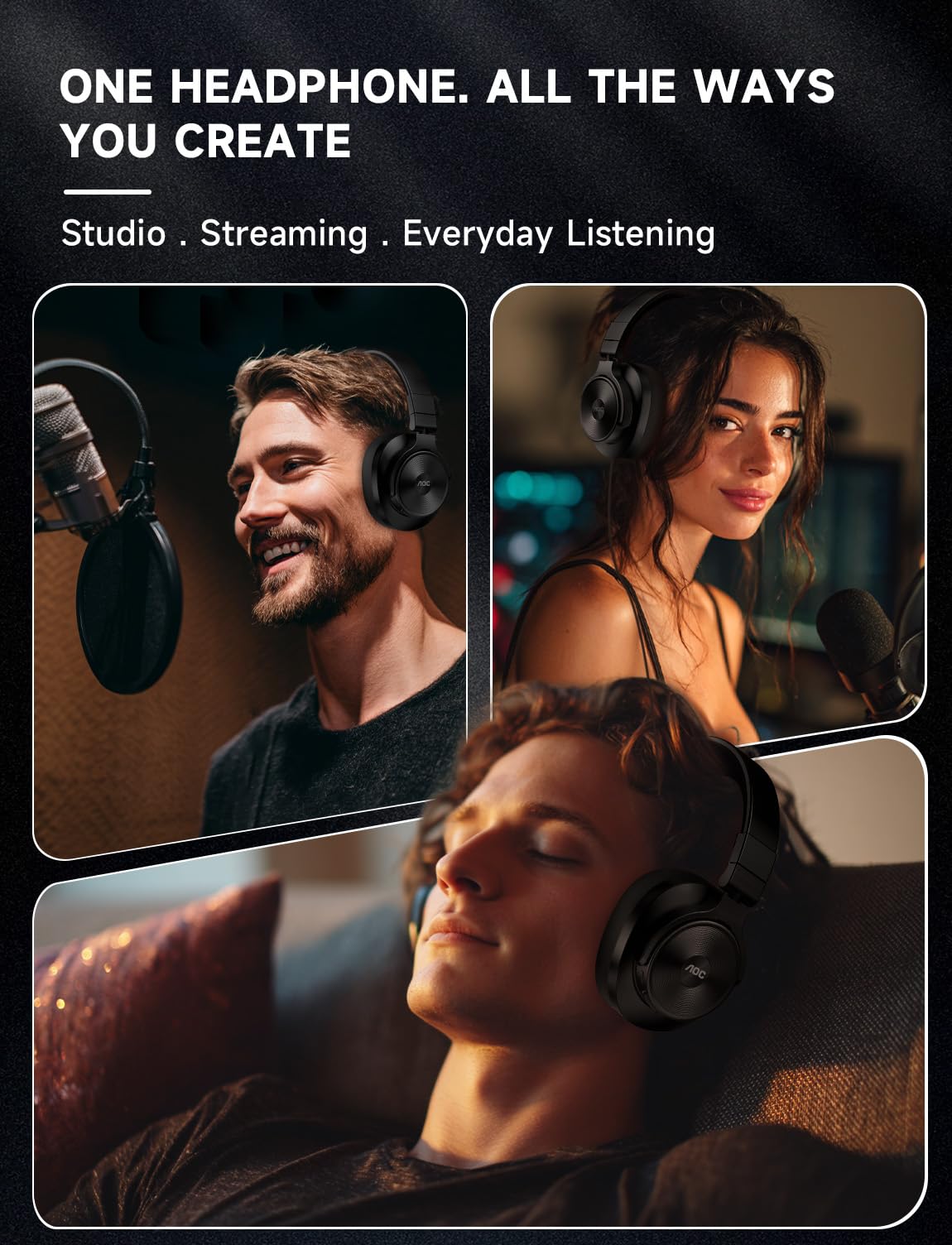 AOC Bluetooth Over Ear Headphones, Wireless Studio Monitor & Mixing DJ Headphones with 72H Playtime, Hi-Res, Built-in Mic, 3.5mm/6.35mm Wired Audio Jack for Guitar AMP, Podcast, PC Gaming - Black