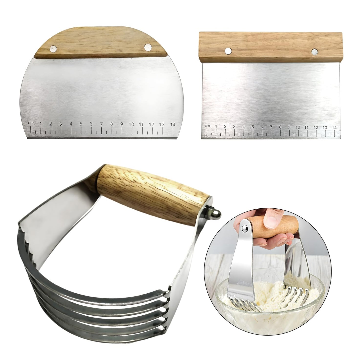 AACGIN 3 PCS Dough Pastry Cutter Scraper Blender Set with Stainless Steel Blades and Comfortable Wood Handle for Biscuit Butter Pie Nut Crust Kitchen Baking Supplies