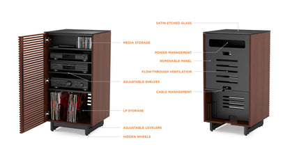 BDI Furniture Corridor 8172-22'' Audio Cabinet with Flow-Through Ventilation, Cable Management, Adjustable Shelves, Louvered Doors, Satin-Etched Tempered Glass Top, Chocolate Stained Walnut