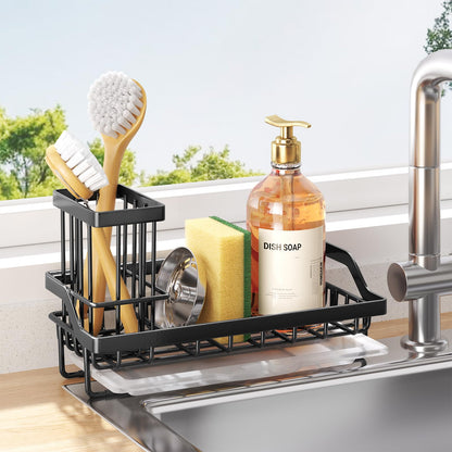 Consumest Sponge Holder for Kitchen Sink - Kitchen Sink Caddy Organizer with Removable Drip Tray for Countertop Dish Soap Dispenser Brush Storage Accessories 304 Stainless Steel - Black
