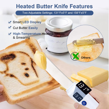 Heated Butter Knife - Stainless Steel Rechargeable USB Smart Temperature Control (131°F/158°F), Real-time Temp Display & IP68 Waterproof, for Hard Butter, Cheese, Jam, Peanut Butter & More - Kitchen Gadget Butter Spreader Knife