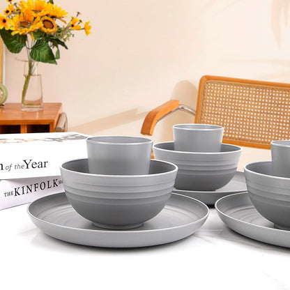 LIYH 36pcs Grey Wheat Straw Dinnerware Set - Reusable Plastic Plates and Bowls, Dishwasher Safe