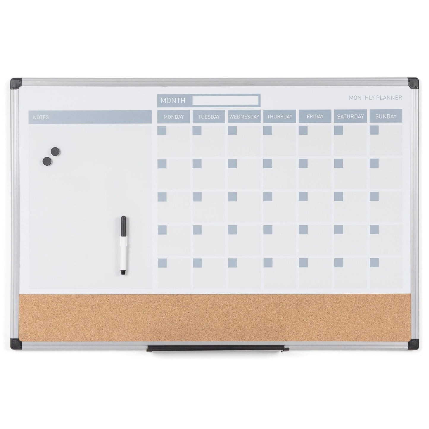 MasterVision Magnetic Dry Erase Monthly Calendar Planner Push Pin Corkboard Combo with Marker Tray, 24" x 36", Gray Plastic Frame, White, MB0707186P