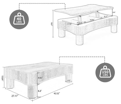 GDFStudio Zurnes Lift Top Coffee Table with Storage, 42" Accent Table for Living Room, Fluted Panel Hidden Storage, Silent Hydraulic Lift, Curved Corners, Easy Assembly, Light Brown