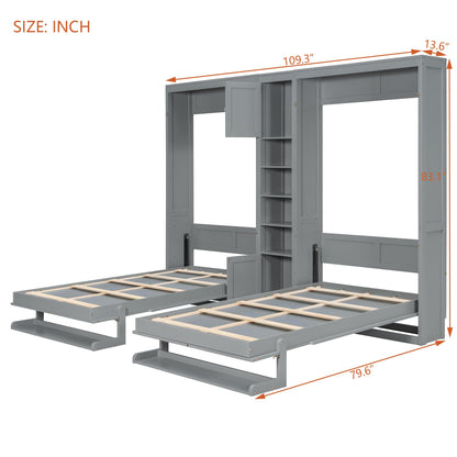 Merax Twin Murphy Bed with Storage Cabinets and Shelves, Dual Twin Wall Bed with Convertible Shelf Legs, Space Saving Foldable Bed for Small Rooms, Guest Room, Gray
