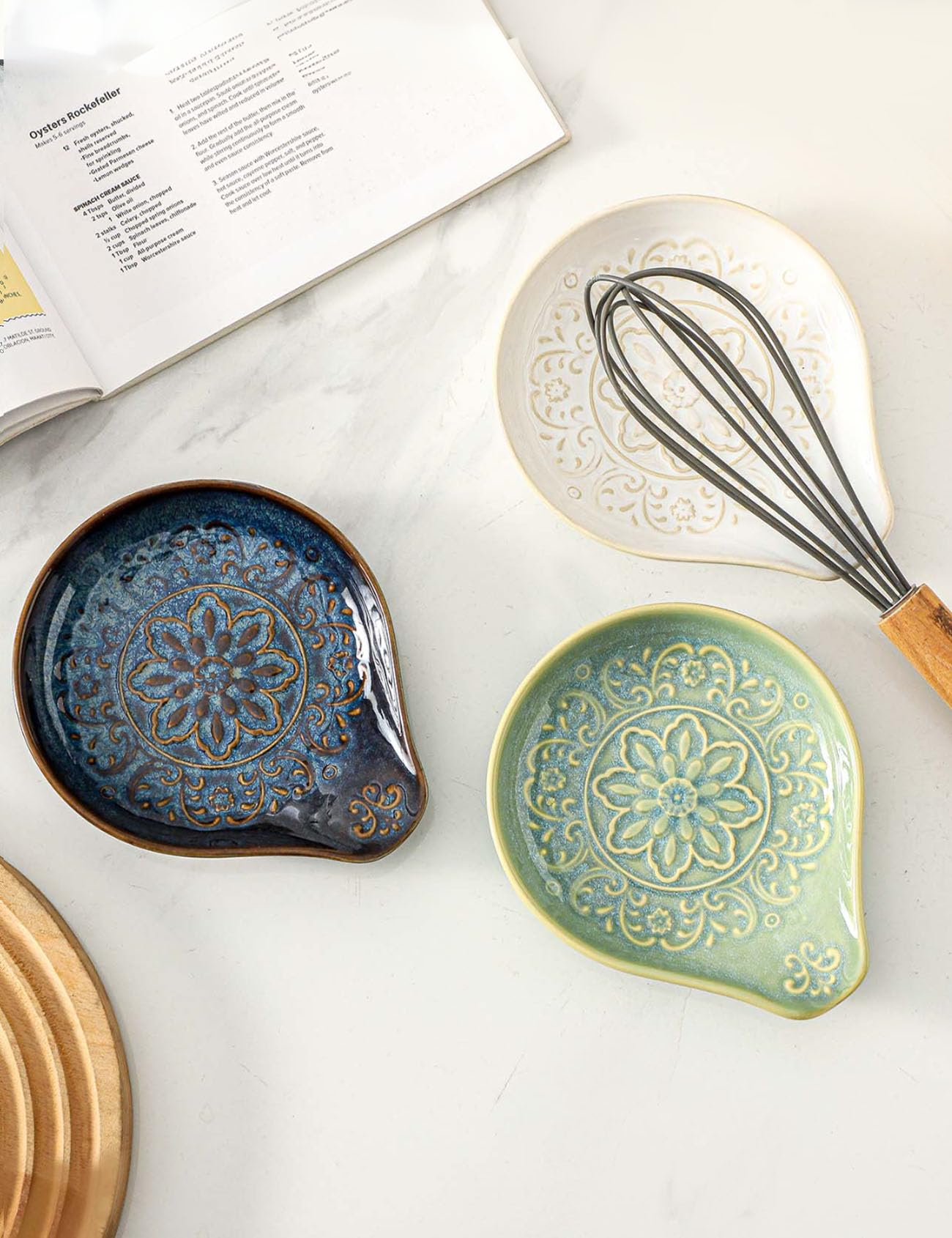 Ryfog Spoon Rest for Stove Top, Ceramic Cooking Spoon Holder for Kitchen Counter, Farmhouse Cooking Utensil Holder for Spoons, Ladles, Spatula, Glazed Blue