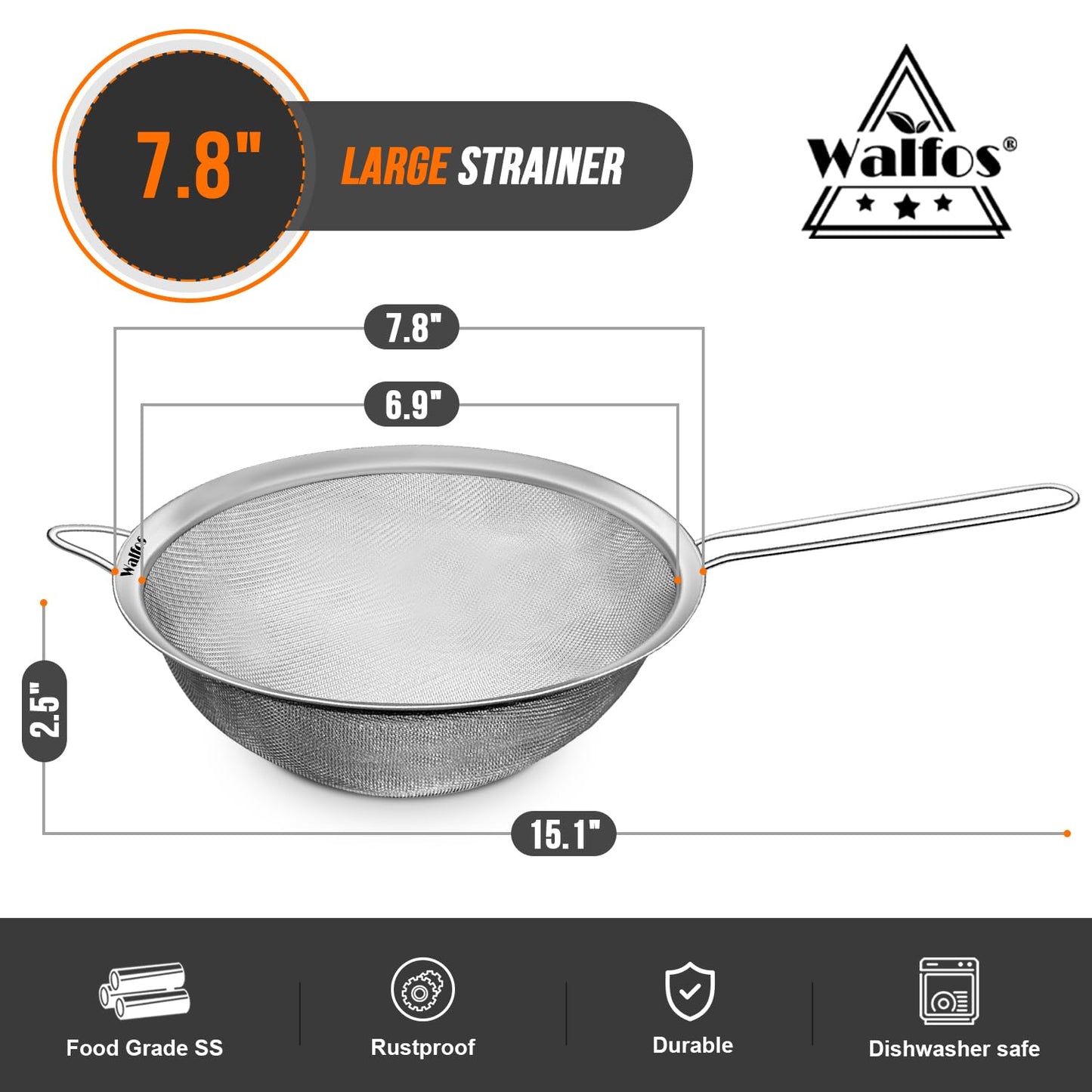 Walfos 7.8 Inch Fine Mesh Strainer, Premium Stainless Steel Colanders and Sifters, with Reinforced Frame and Sturdy Handle, Perfect for Sift, Strain, Drain and Rinse Vegetables, Pastas and Tea